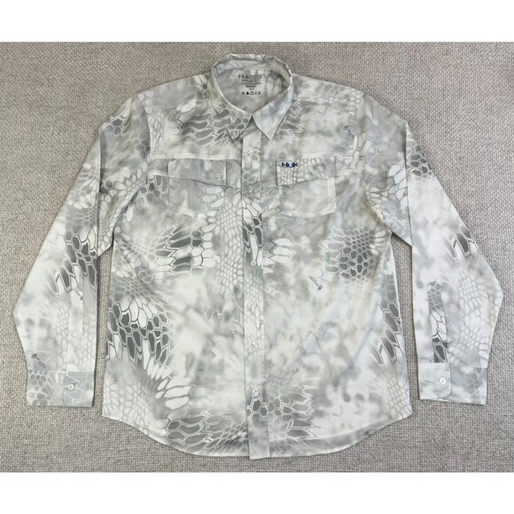 Huk Kryptek Fishing Shirt Mens Large White Gray Button Down Outdoor Vented - Picture 1 of 8
